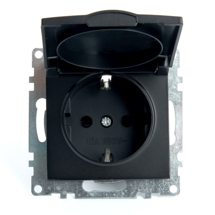Розетка 1-местная с крышкой с защ. штор (механизм) с/з, 250В, 16А, серия Катрин, GLS16-7112-05, черный Розетка 1-местная с крышкой с защ. штор (механизм) с/з, 250В, 16А, серия Катрин, GLS16-7112-05, черный