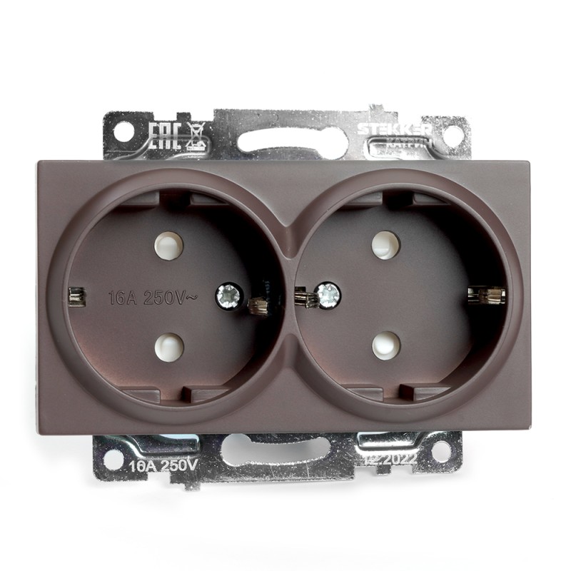 Розетка двухместная с защитной шторкой (механизм) с/з, 250В, 16А, серия Катрин, шоколад Stekker