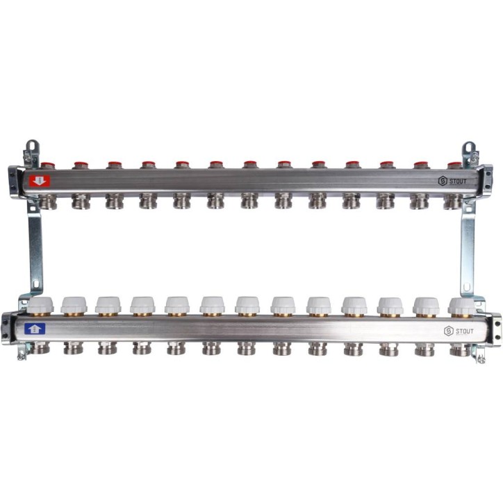 Блок коллекторный с ручными регулировочными клапанами 1' х 13 выходов 3/4' НР евроконус