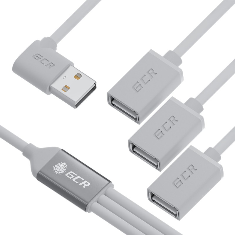 Хаб USB 2.0 на 3 порта, 0.35 м., гибкий, двусторонний угловой, белый, GCR-53355