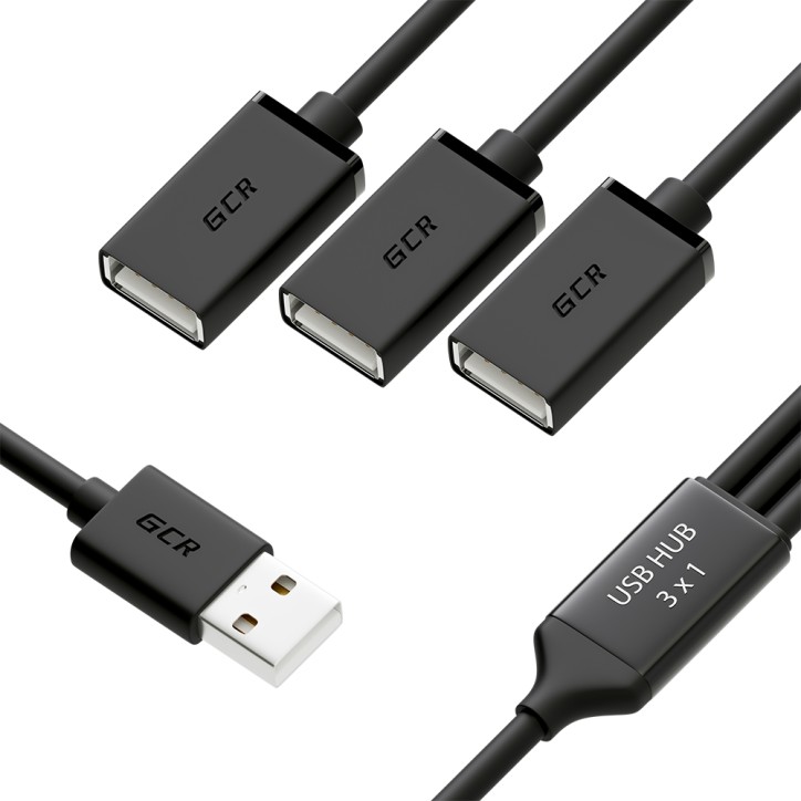 Хаб USB 2.0 на 3 порта, 0.35 м., гибкий, черный, GCR-51864