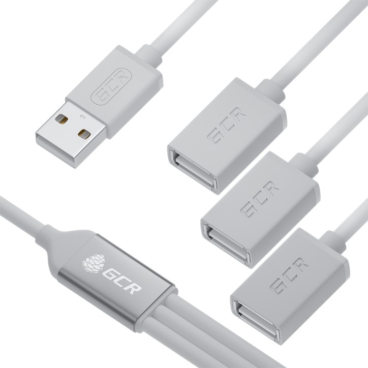 Хаб USB 2.0 на 3 порта, 0.35 м., гибкий, белый, GCR-53354