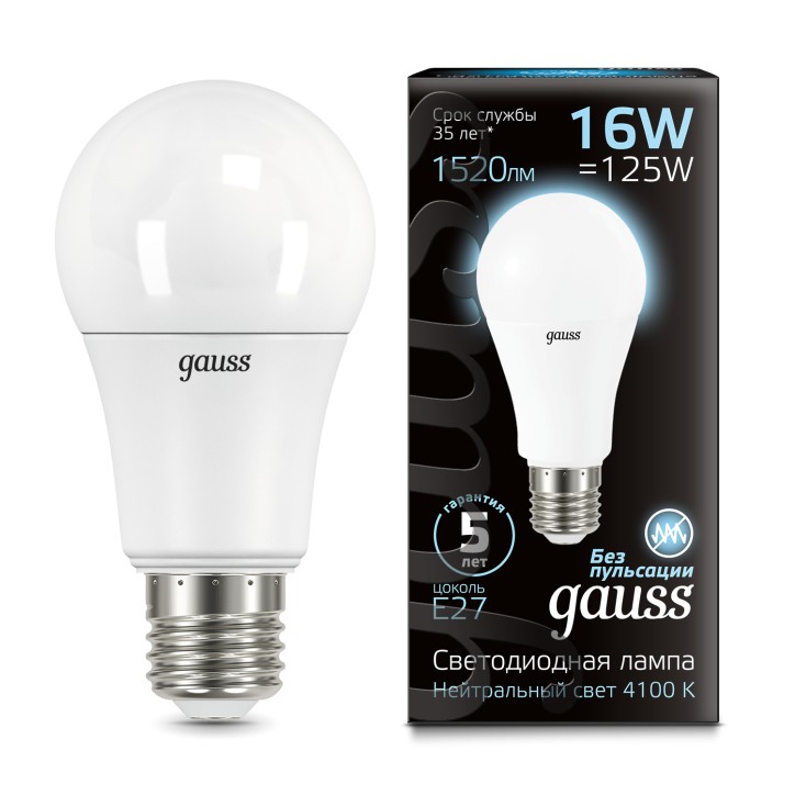 Лампа светодиодная LED 16 Вт 1520 лм 4100К А60 груша нейтральный E27 AC 220В Black Gauss Лампа светодиодная LED 16 Вт 1520 лм 4100К А60 груша нейтральный E27 AC 220В Black Gauss