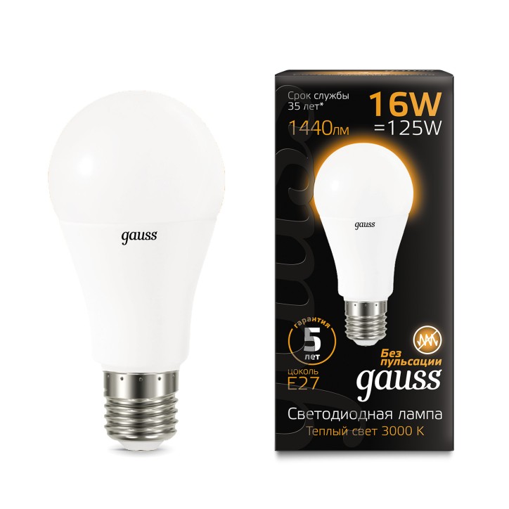 Лампа Gauss A60 16W 1440lm 3000K E27 LED 1/10/50