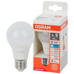 "Лампа светодиодная OSRAM LED Star, 806лм, 9Вт (замена 75Вт), 6500К (холодный белый свет). Цоколь E27, колба A, угол пучка 180°.