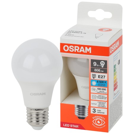 "Лампа светодиодная OSRAM LED Star, 806лм, 9Вт (замена 75Вт), 6500К (холодный белый свет). Цоколь E27, колба A, угол пучка 180°.