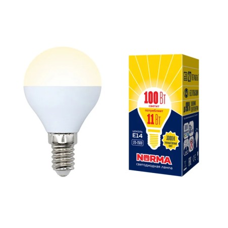 Лампа светодиодная LED-G45-11W/WW/E14/FR/NR Форма шар, матовая. Norma. Теплый (3000K).