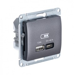 GLOSSA USB РОЗЕТКА A + тип-C 45W высокоскор.заряд. QC, PD, механизм, ГРАФИТ