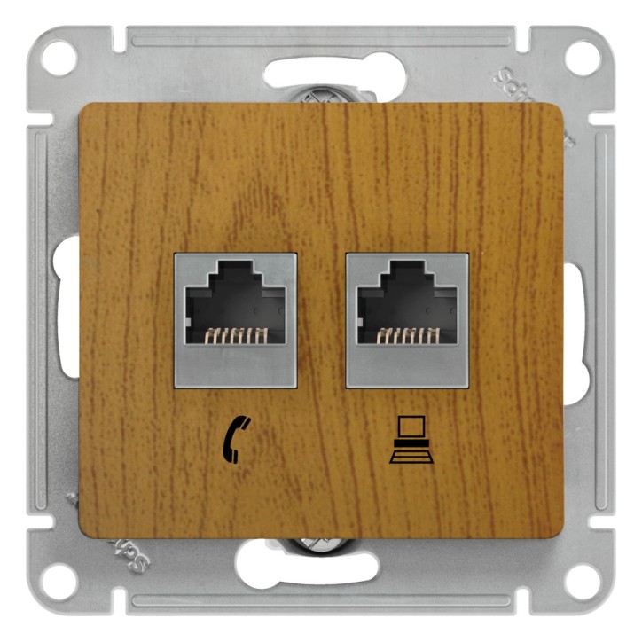 GLOSSA Розетка двойная телефон/компьютер RJ11+RJ45 категория 5е дуб в рамку GLOSSA Розетка двойная телефон/компьютер RJ11+RJ45 категория 5е дуб в рамку