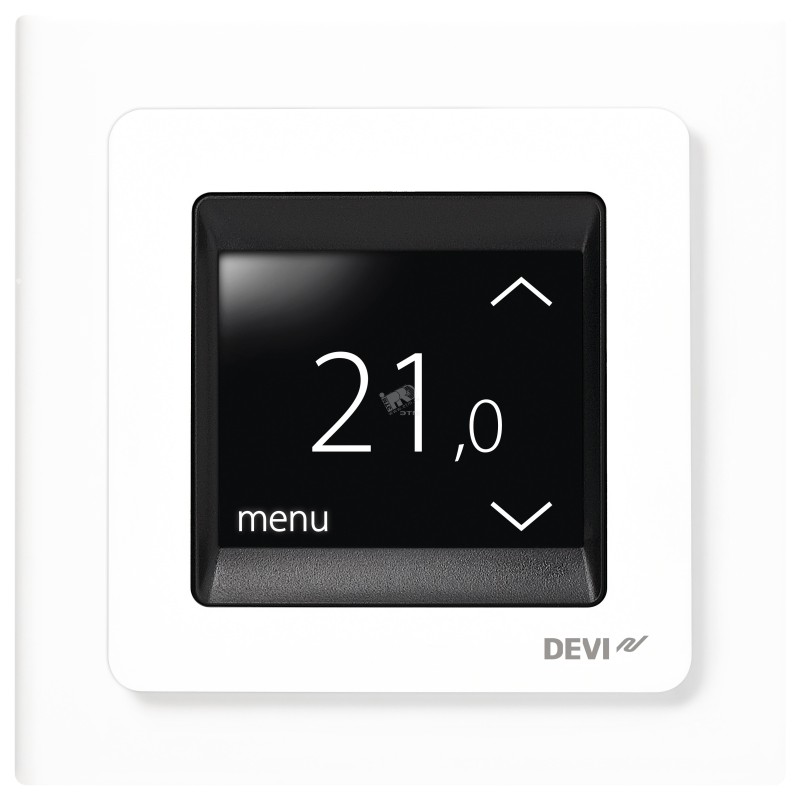 Электронный программируемый терморегулятор DEVIreg Touch с сенсорным дисплеем, встроенным датчиком воздуха и датчиком пола на пр