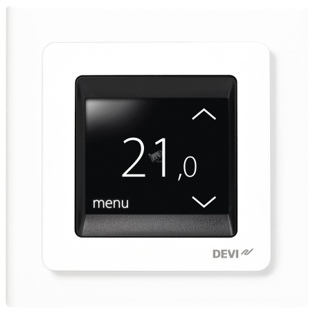 Электронный программируемый терморегулятор DEVIreg Touch с сенсорным дисплеем, встроенным датчиком воздуха и датчиком пола на пр