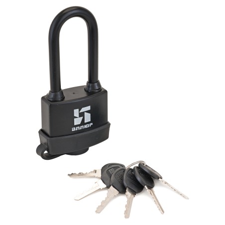 Замок навесной всепогодный с длинной дужкой и увеличенным количеством ключей, АЛЛЮР ВС1Ч-375ПД черны