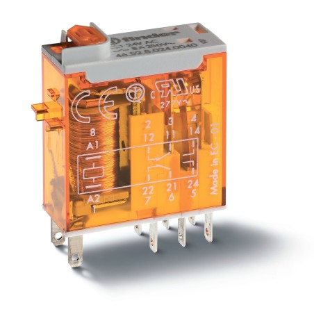 Реле электромеханическое промышленное миниатюрное, монтаж в розетку или наконечники Faston (2.5х0.5мм), 2СO 8A, контакты AgNi, к