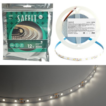 SST01 SAFFIT 60SMD(2835)/m 6Вт/м 12V 5000*8*1.22мм 4000K, IP20