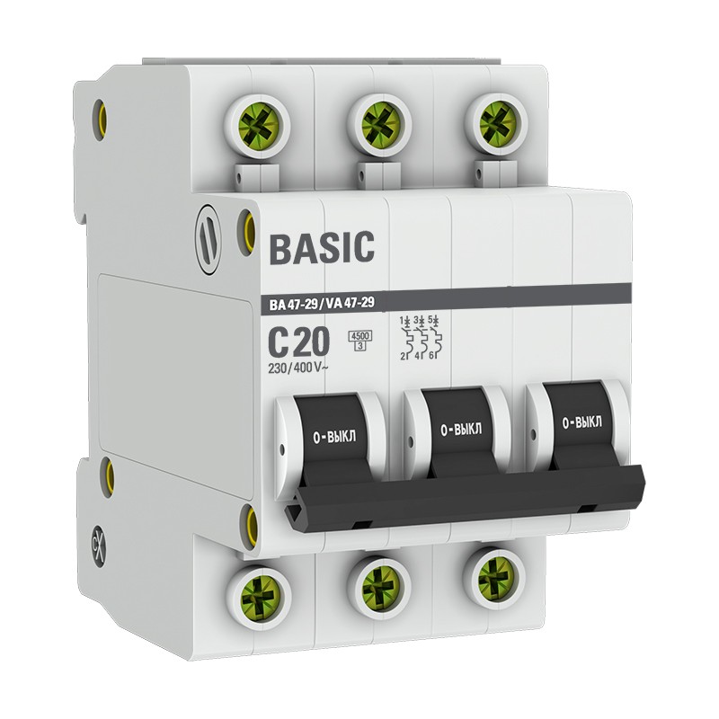 Выключатель автоматический трехполюсный 20А С ВА47-29 4.5кА