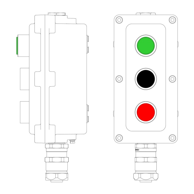 Взрывонепроницаемый пост управления из алюминия LCSD-03-B-MB-L1G(220)x1-P1B(11)x1-P1R(11)x1-PBMB-KAEPM2MHK-20