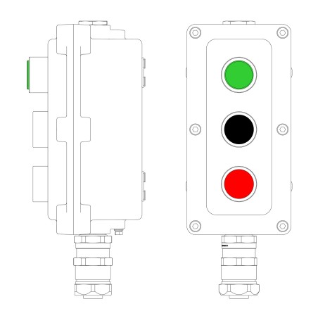 Взрывонепроницаемый пост управления из алюминия LCSD-03-B-MB-L1G(220)x1-P1B(11)x1-P1R(11)x1-PBMB-KAEPM2MHK-20