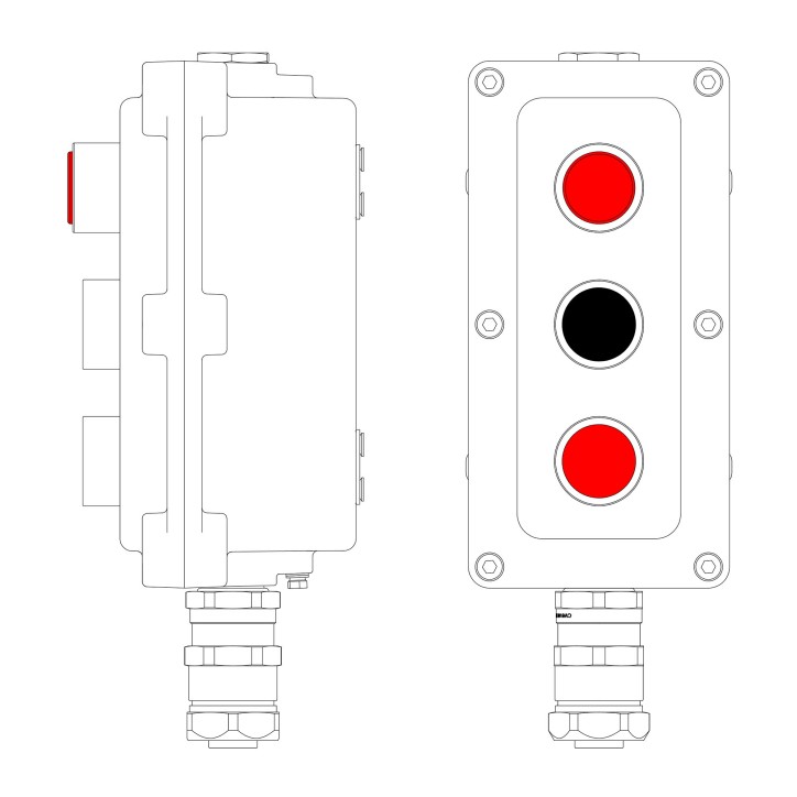 Взрывонепроницаемый пост управления из алюминия LCSD-03-B-MB-L1R(220)x1-P1B(11)x1-P1R(11)x1-PBMB-ANP15BMB