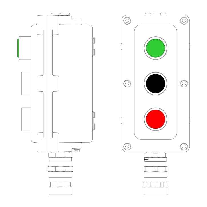 Взрывонепроницаемый пост управления из алюминия LCSD-03-B-MB-L1G(220)x1-P1B(11)x1-P1R(11)x1-PBMB-KA2MHK