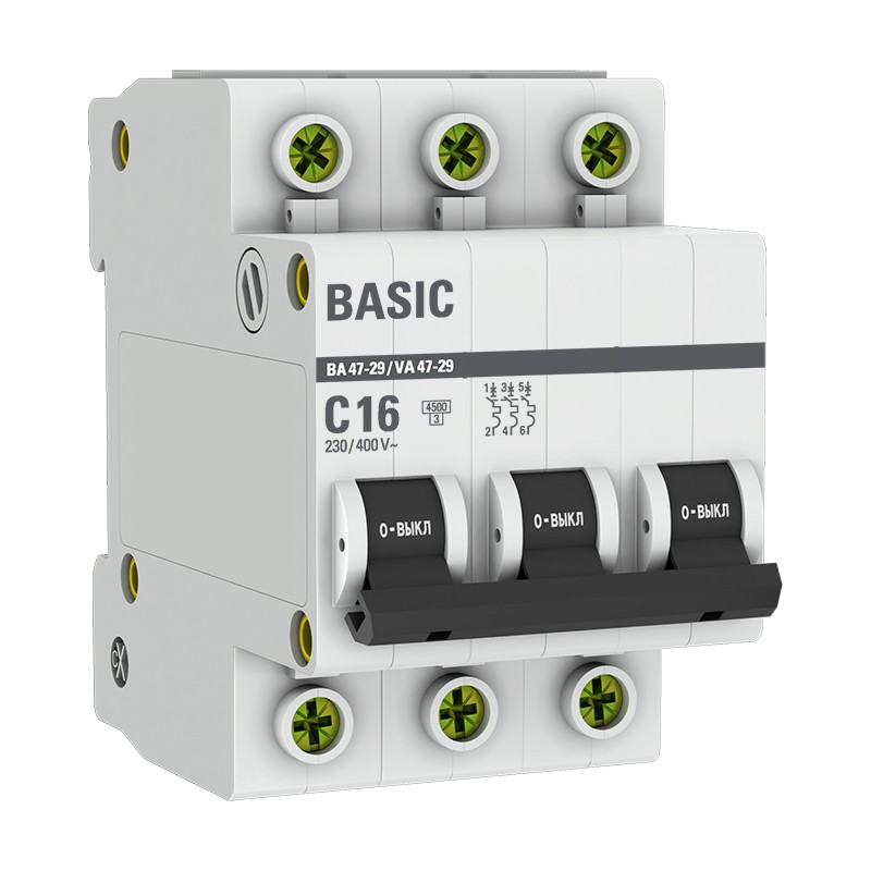 Автоматический выключатель ВА 47-29, 3P 16А (C) 4,5кА EKF Basic