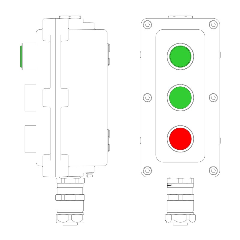 Взрывонепроницаемый пост управления из алюминия LCSD-03-B-MC-L1G(220)x1-P1G(11)x1-P1R(11)x1-PCMB-KAEPM3MHK-20