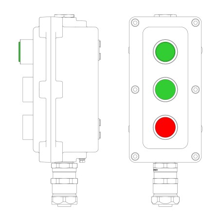 Взрывонепроницаемый пост управления из алюминия LCSD-03-B-MB-L1G(220)x1-P1G(11)x1-P1R(11)x1-PBMB-ANP15BMB