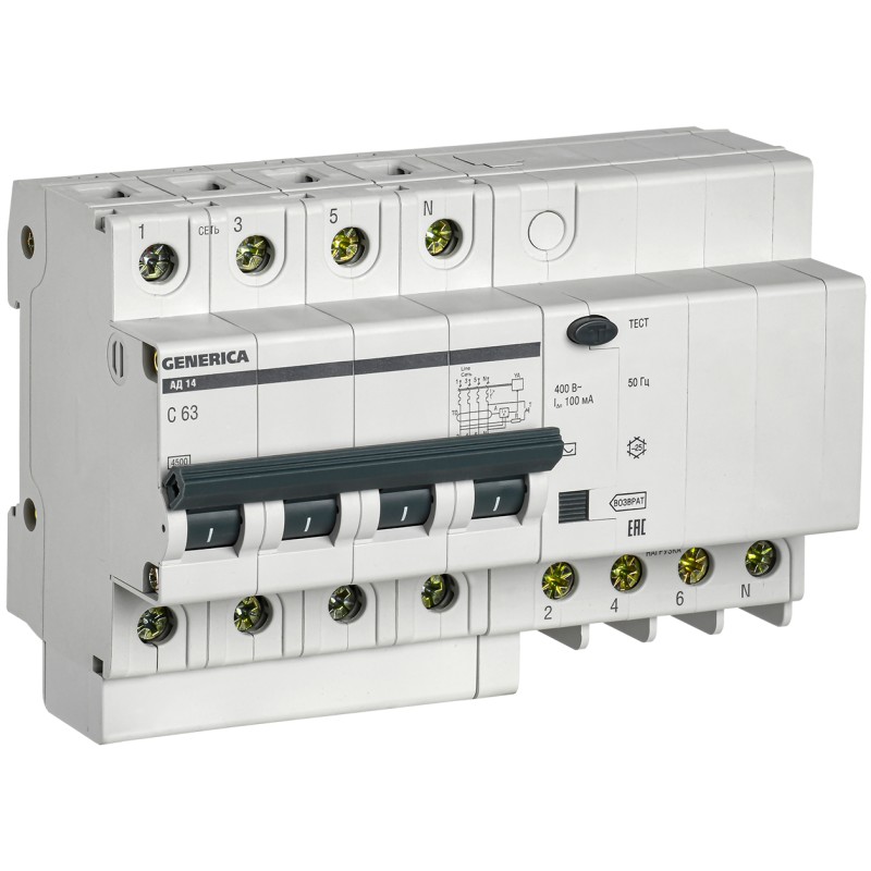 Выключатель автоматический дифференциальный АД14 4Р 63А 100мА GENERICA