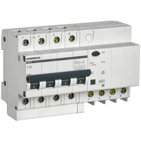 Выключатель автоматический дифференциальный АД14 4Р 63А 100мА GENERICA