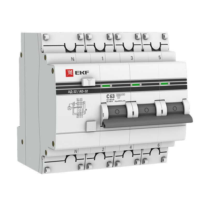 Дифференциальный автомат АД-32 3P+N 63А/300мА (хар. C, AC, электронный, защита 270В) 4,5кА EKF PROxima