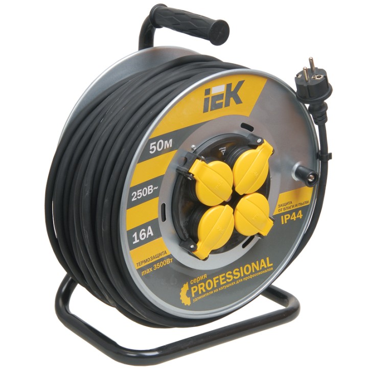 Удлинитель силовой 4 розетки шнур 50м КГ 3x2.5 УК50 с термозащитой IP44 Удлинитель силовой 4 розетки шнур 50м КГ 3x2.5 УК50 с термозащитой IP44