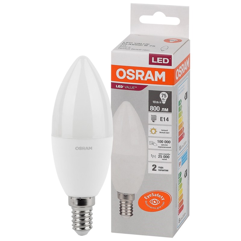 Лампа светодиодная OSRAM LED Value B, 800лм, 10Вт (замена 75Вт), 3000К (теплый белый свет). Цоколь E14, колба B, угол пучка 200°