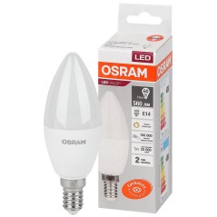 Лампа светодиодная OSRAM LED Value B, 560лм, 7Вт (замена 60Вт), 3000К (теплый белый свет). Цоколь E14, колба B, угол пучка 200°.