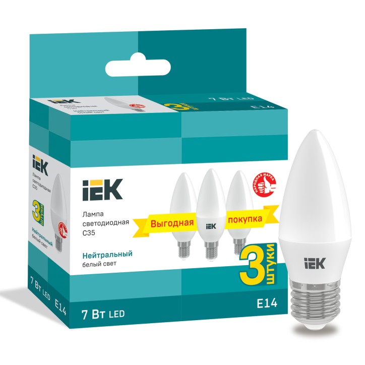 Лампа светодиодная C35 свеча 7Вт 230В 4000К E14 (3шт/упак) IEK Лампа светодиодная C35 свеча 7Вт 230В 4000К E14 (3шт/упак) IEK