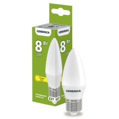 Лампа светодиодная C35 свеча 8Вт 230В 3000К E27 GENERICA