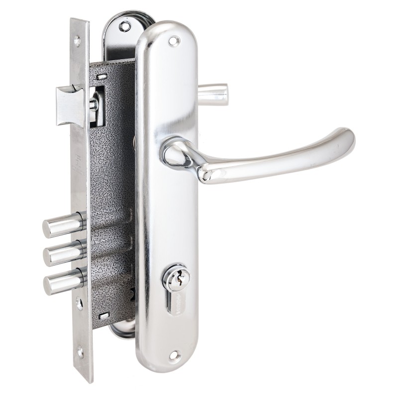 Замок врезной цилиндровый с ручками для деревянных дверей, АЛЛЮР 0221 CP хром