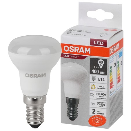 Лампа светодиодная OSRAM LED Value R, 400лм, 5Вт (замена 40Вт), 3000К (теплый белый свет). Цоколь E14, колба R, угол пучка 120°.