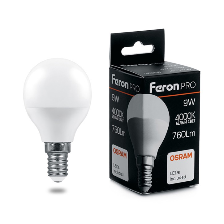 Лампа светодиодная LED 9вт Е14 белый матовый шар Feron.PRO Лампа светодиодная LED 9вт Е14 белый матовый шар Feron.PRO