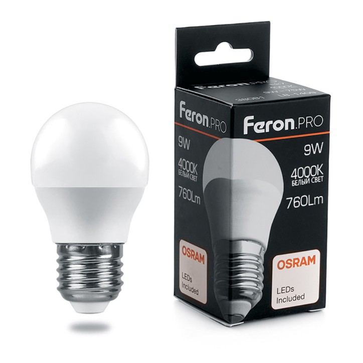 Лампа светодиодная LED 9вт Е27 белый матовый шар Feron.PRO Лампа светодиодная LED 9вт Е27 белый матовый шар Feron.PRO