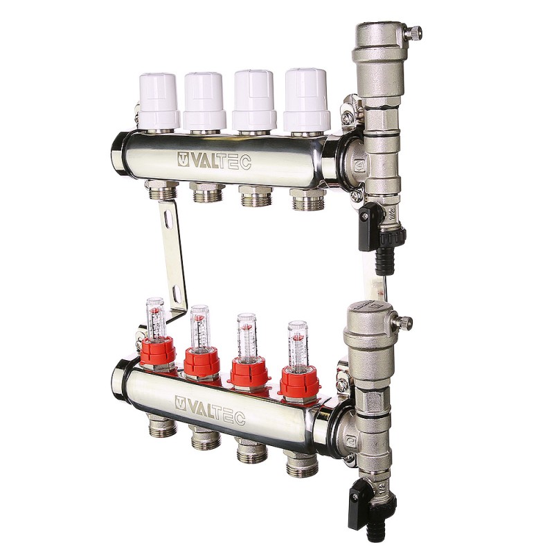 Коллекторная группа с регулирующими клапанами и расходомерами 1'x 4 выходами 3/4' евроконус