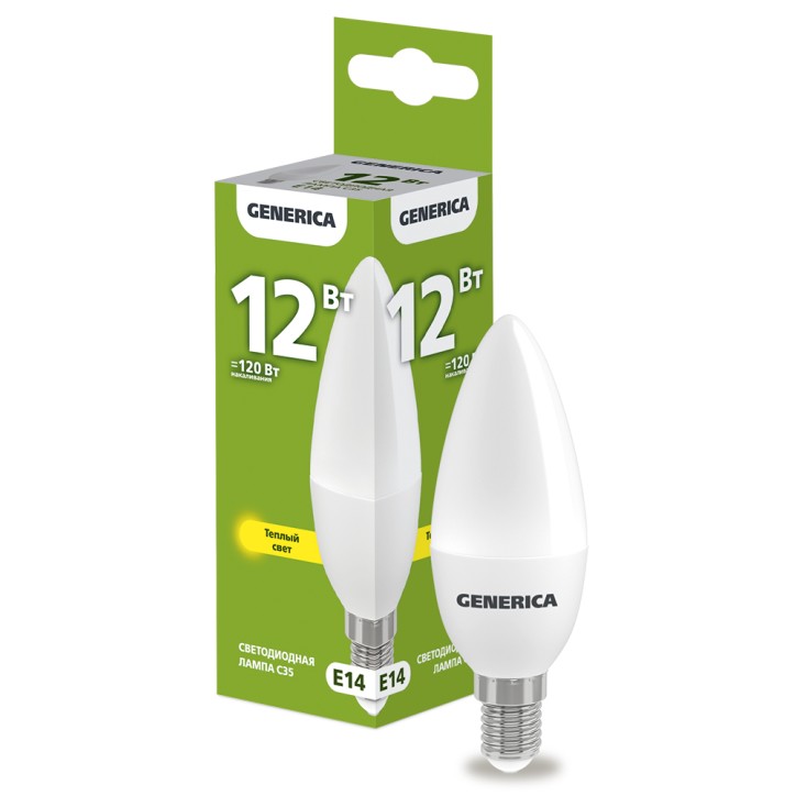 Лампа светодиодная C35 свеча 12Вт 230В 3000К E14 GENERICA