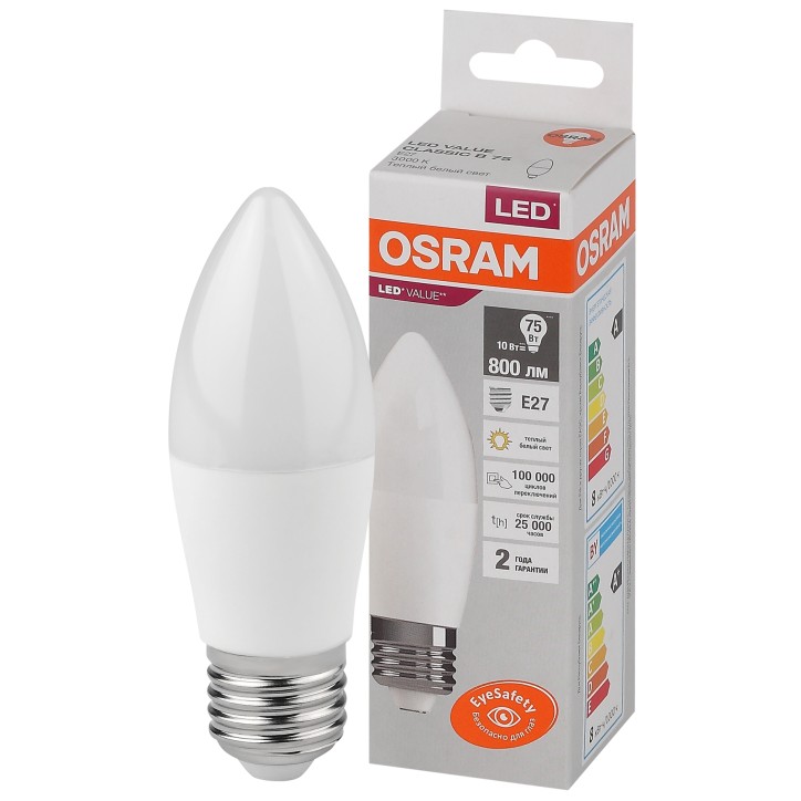 Лампа светодиодная OSRAM LED Value B, 800лм, 10Вт (замена 75Вт), 3000К (теплый белый свет). Цоколь E27, колба B, угол пучка 200°