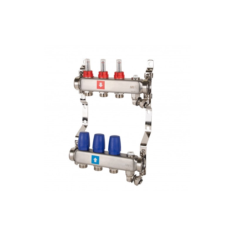 Коллектор из нержавеющей стали в сборе с расходомерами дренажным краном и воздухоотводчиком 3 выход