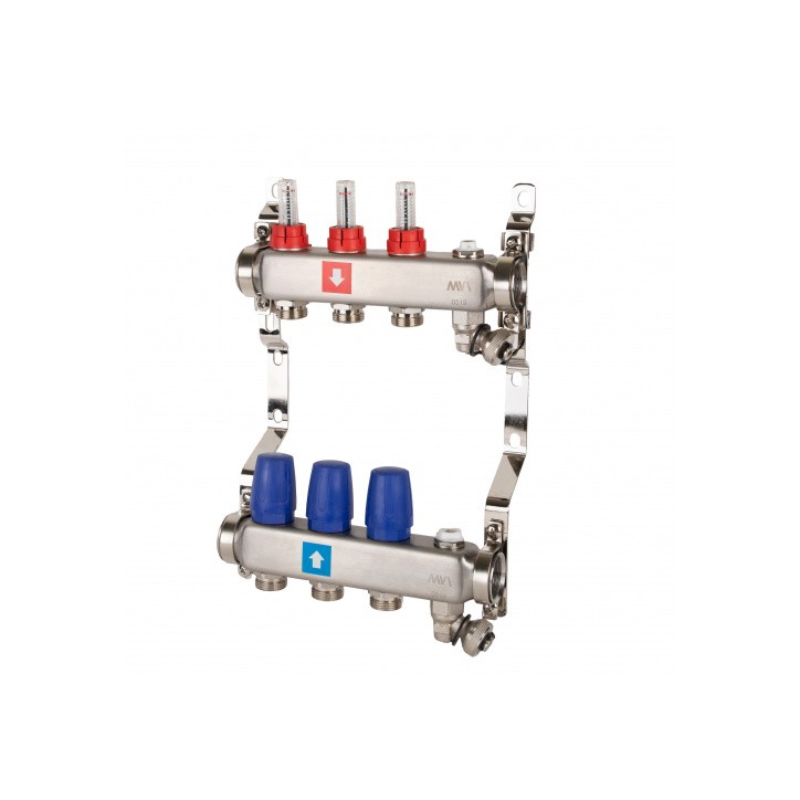 Коллектор из нержавеющей стали в сборе с расходомерами дренажным краном и воздухоотводчиком 3 выход