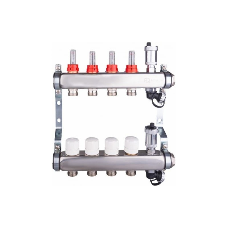 Коллекторная группа 1х4х3/4 с расходомерами, сливным краном и автомат. возд-ком, нерж. Сталь