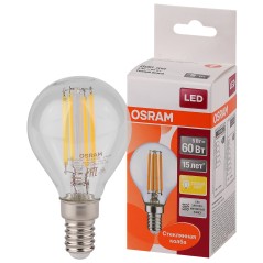 Лампа светодиодная филаментная OSRAM LED STAR Classic P 5W (замена 60Вт), теплый белый свет, прозрачная колба, Е14