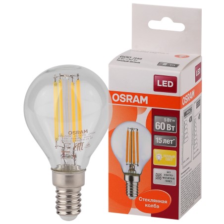 Лампа светодиодная филаментная OSRAM LED STAR Classic P 5W (замена 60Вт), теплый белый свет, прозрачная колба, Е14