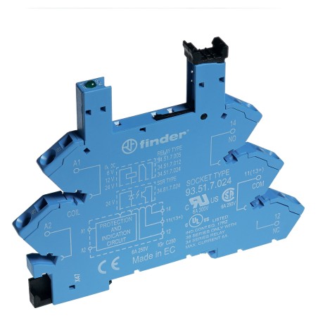 Розетка с безвинтовыми клеммами (пружинный зажим) для реле 34 серии, питание 24В DC, в комплекте пластиковая клипса, опции: LED