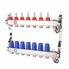 Коллектор из нержавеющей стали в сборе с расходомерами дренажным краном и воздухоотводчиком 7 выходо