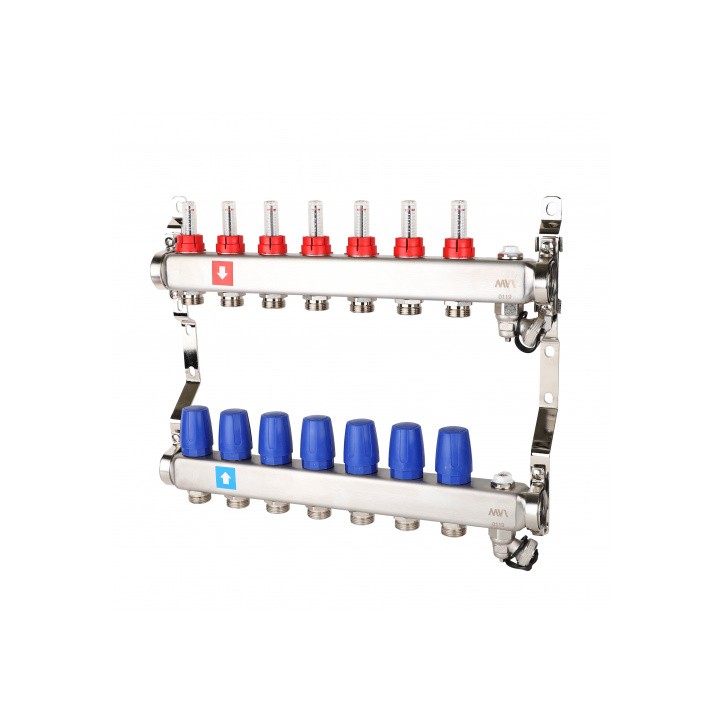 Коллектор из нержавеющей стали в сборе с расходомерами дренажным краном и воздухоотводчиком 7 выходо