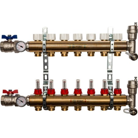 Коллекторная группа латунная 1' на 7 выходов со встроенными расходомерами